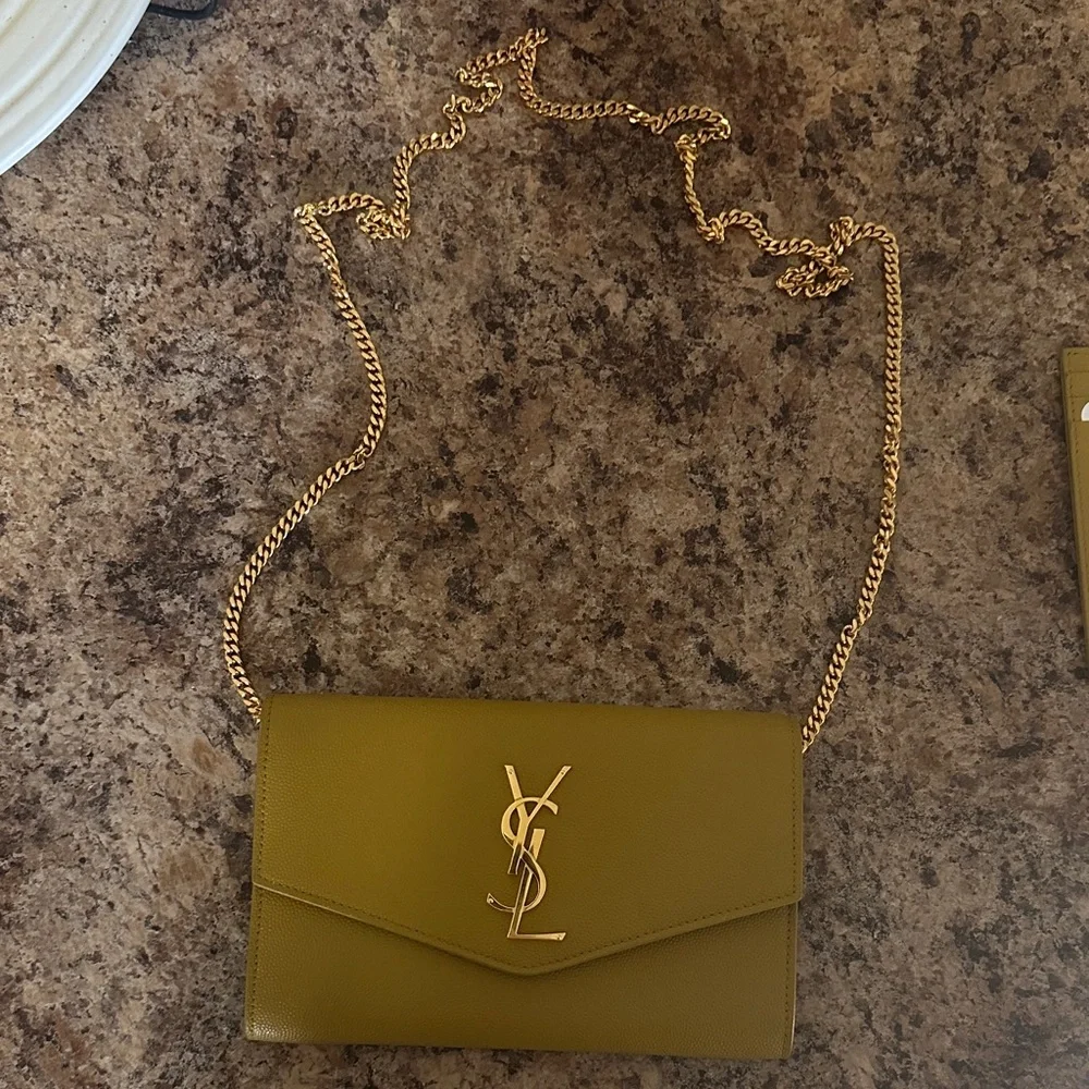 Yves Saint Laurent Olive Green Leather Envelope Clutch with Gold YSL Logo